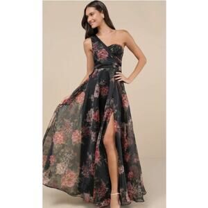 NWT Lulus Truly Extraordinary Black Floral Organza One-Shoulder Maxi Dress XS